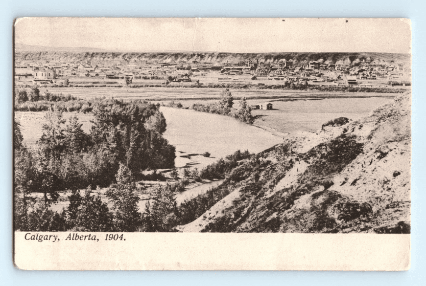 Birds Eye View Calgary Alberta Canada 1904, River, Bluffs Lithographic Postcard