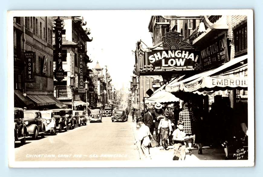 RPPC San Francisco CA Chinatown Grant Ave, Shanghai Low, Hotel Yamato, Piggott