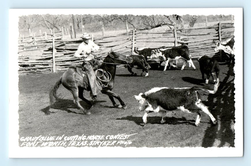 c.1930 Grady Blue in Cutting Horse Contest, Stryker Fort Worth TX Real Photo Postcard