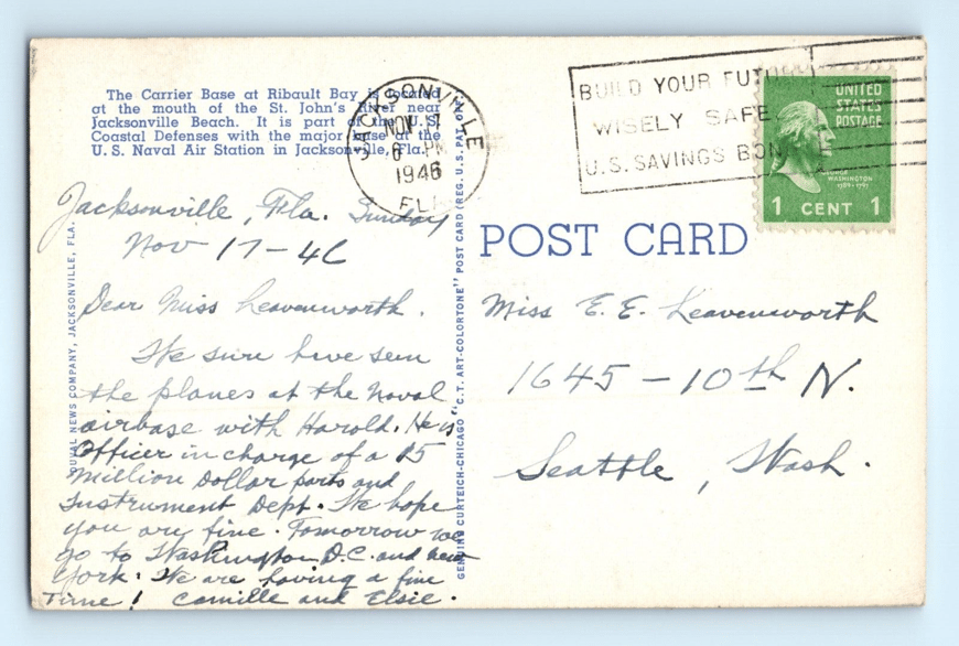 c.1940 US Navy Bombers over Jacksonville Beach Vintage Linen Postcard