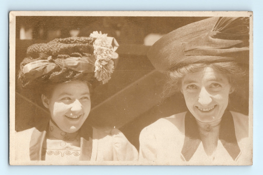c.1910 2 Goofy Beautiful Ladies in Big Hats Real Photo Postcard RPPC