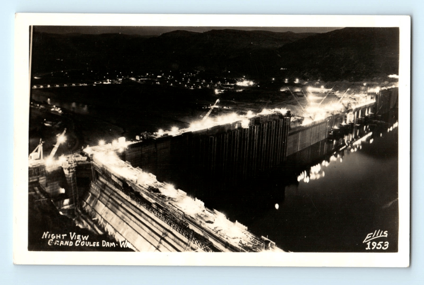 RPPC Grand Coulee Dam Night View Lights, Washington Real Photo Postcard by Ellis