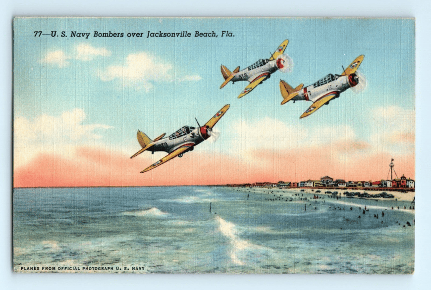 c.1940 US Navy Bombers over Jacksonville Beach Vintage Linen Postcard